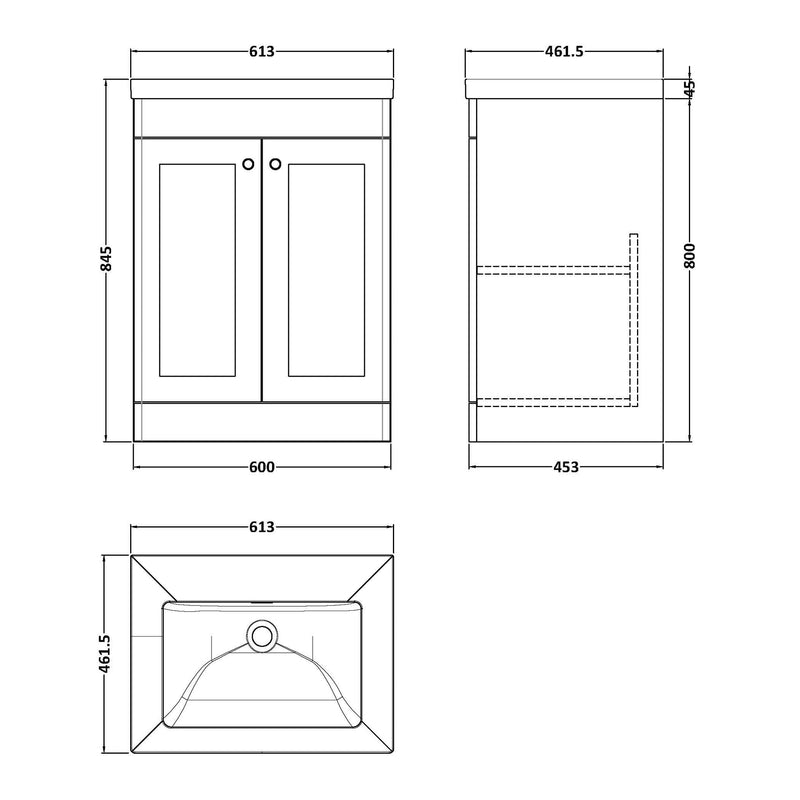Classique 600mm Floor Standing Vanity Unit With 2 Doors With Contemporary Basin - Satin White