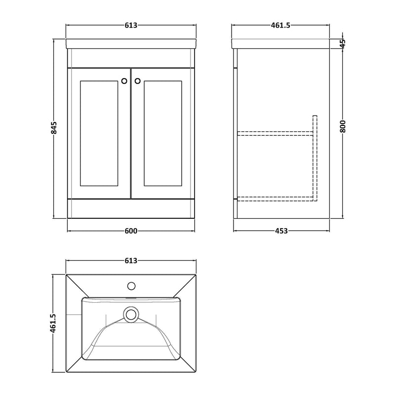 Classique 600mm Floor Standing Vanity Unit With 2 Doors With Contemporary Basin - Satin White
