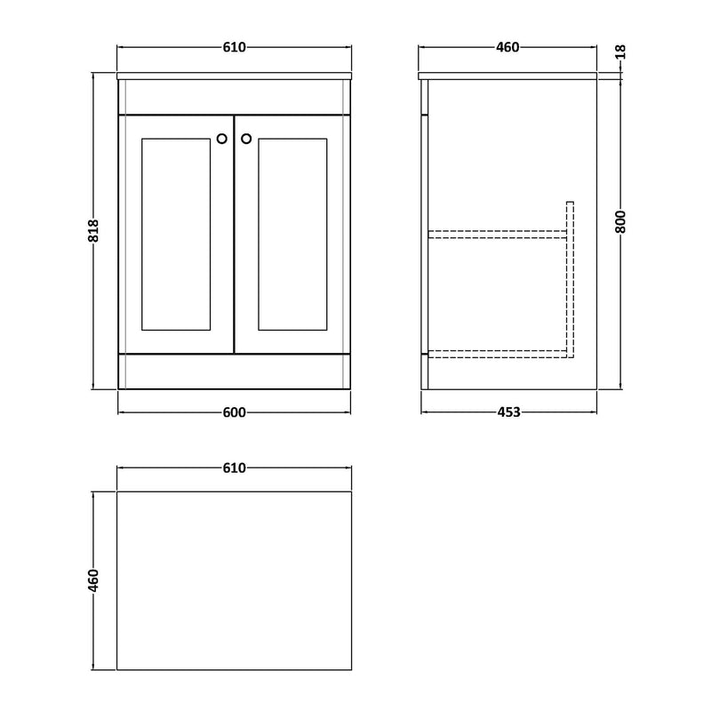 Classique 600mm Floor Standing Vanity Unit With 2 Doors With White Marble Worktop - Satin White