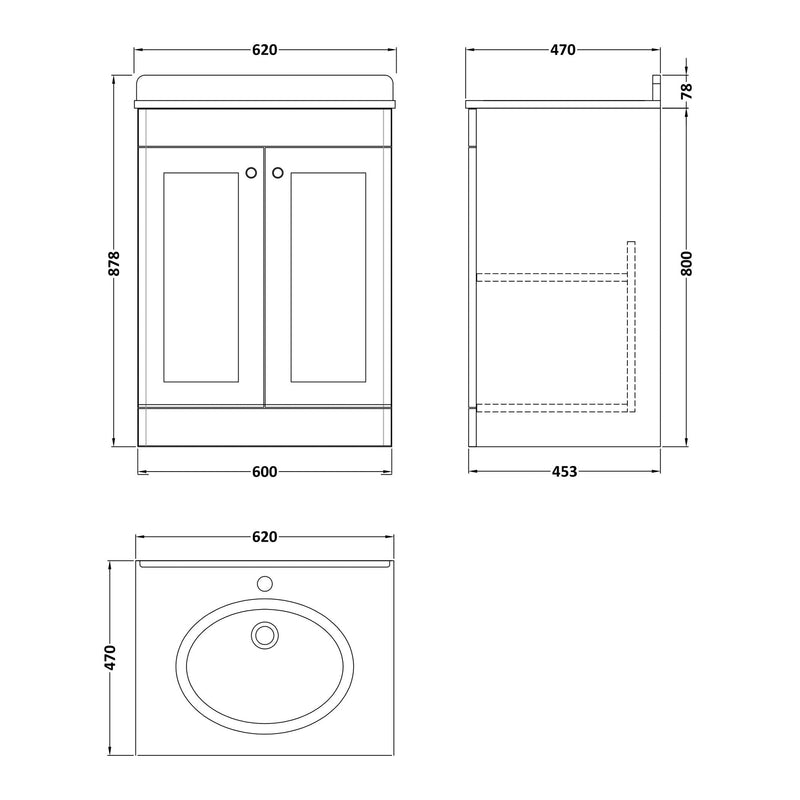 Classique 600mm Floor Standing Vanity Unit With 2 Doors With White Marble Worktop With Round Basin - Satin White