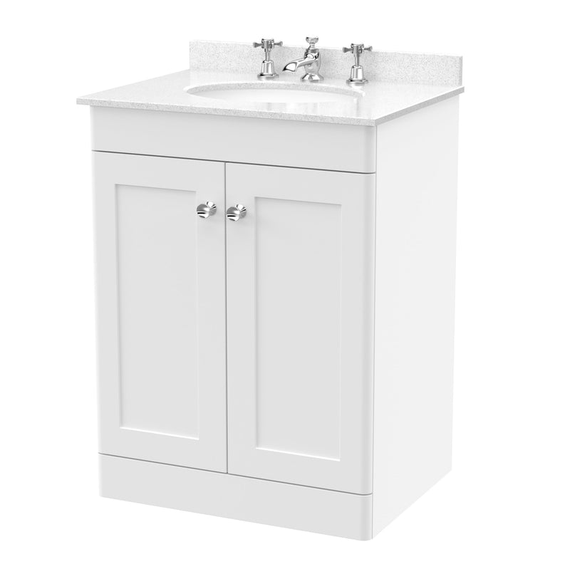 Classique 600mm Floor Standing Vanity Unit With 2 Doors With White Marble Worktop With Round Basin - Satin White