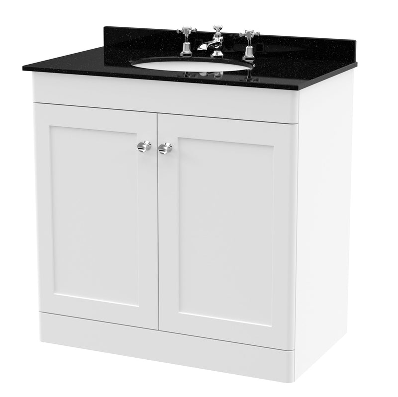 Classique 800mm Floor Standing Vanity Unit With 2 Doors With Black Marble Worktop With Round Basin - Satin White