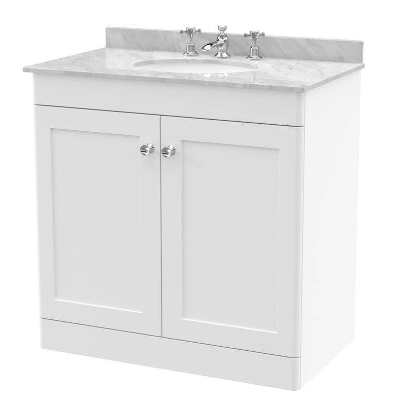 Classique 800mm Floor Standing Vanity Unit With 2 Doors With Grey Marble Worktop With Round Basin - Satin White