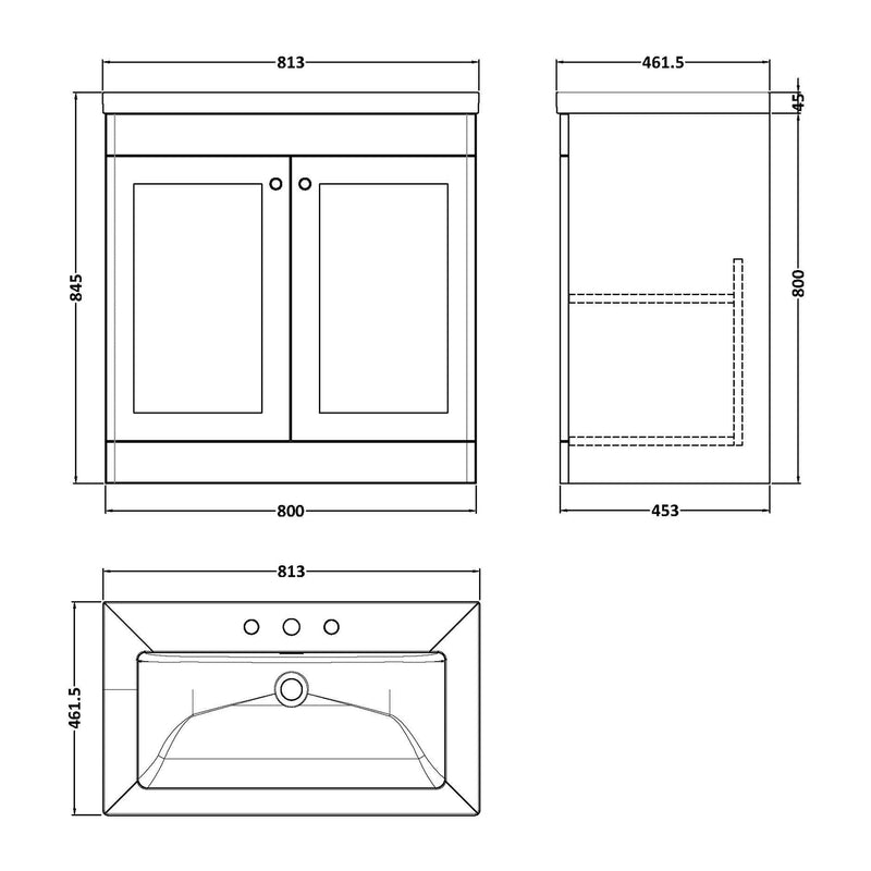 Classique 800mm Floor Standing Vanity Unit With 2 Doors With Contemporary Basin - Satin White