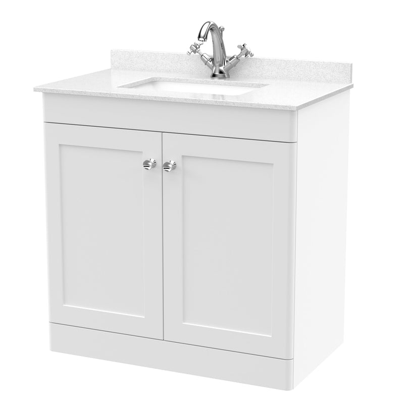 Classique 800mm Floor Standing Vanity Unit With 2 Doors With White Marble Worktop With Square Basin - Satin White