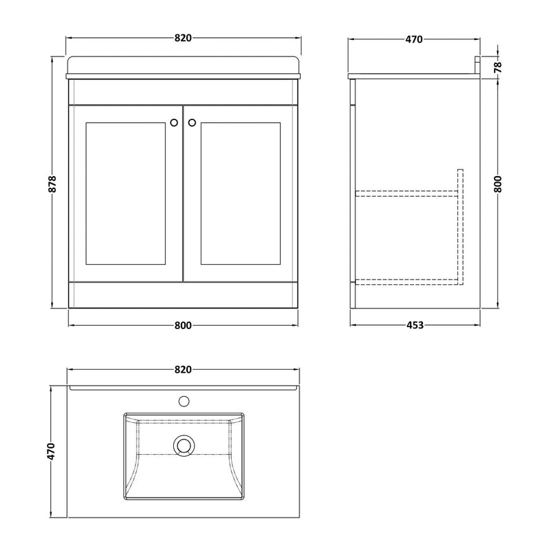 Classique 800mm Floor Standing Vanity Unit With 2 Doors With White Marble Worktop With Square Basin - Satin White