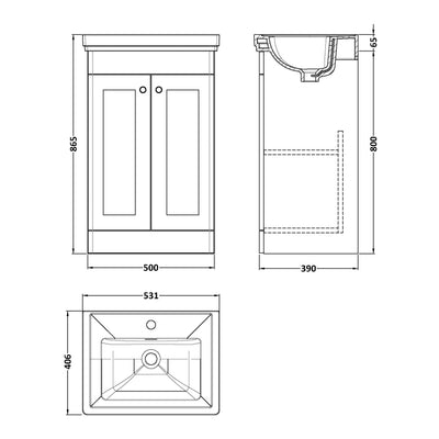 Classique 500mm Floor Standing Vanity Unit With 2 Doors With Fireclay Basin - Soft Black
