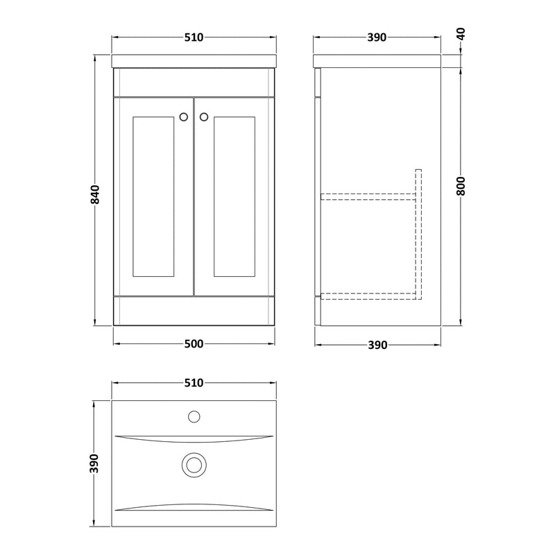 Classique 500mm Floor Standing Vanity Unit With 2 Doors With Mid Edge Ceramic Basin - Soft Black