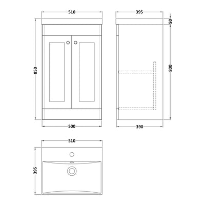 Classique 500mm Floor Standing Vanity Unit With 2 Doors With Thin Edge Ceramic Basin - Soft Black