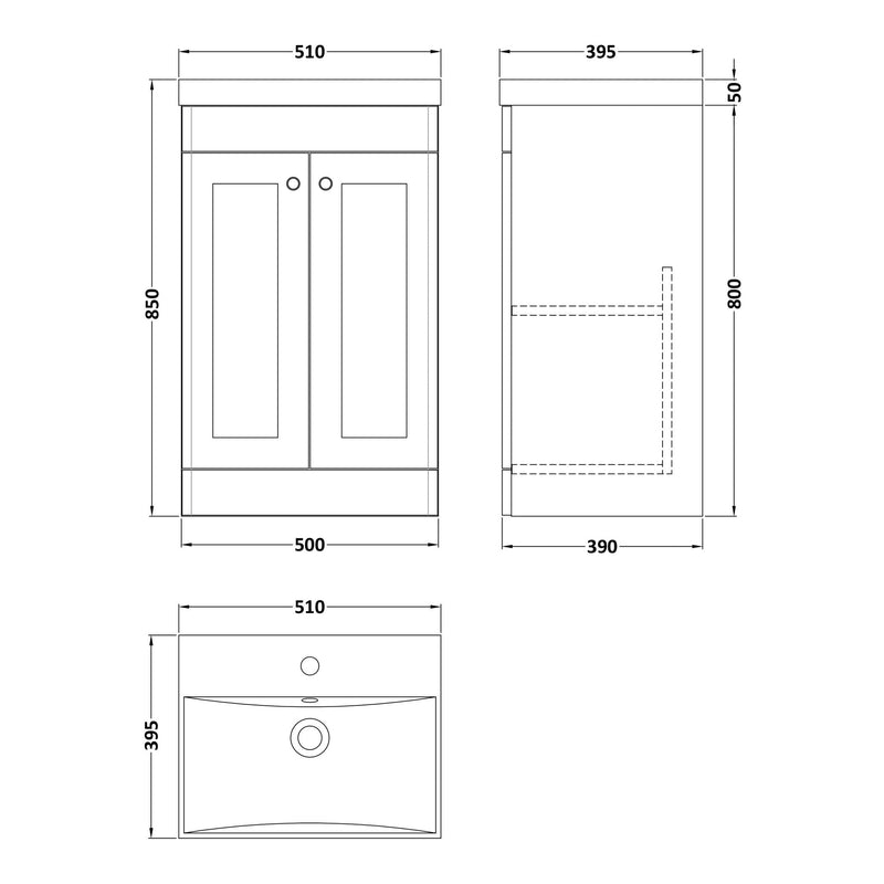Classique 500mm Floor Standing Vanity Unit With 2 Doors With Thin Edge Ceramic Basin - Soft Black