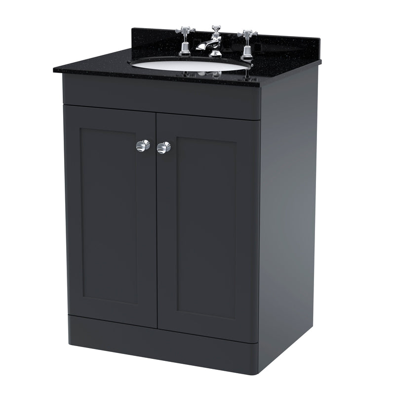 Classique 600mm Floor Standing Vanity Unit With 2 Doors With Black Marble Worktop With Round Basin - Soft Black