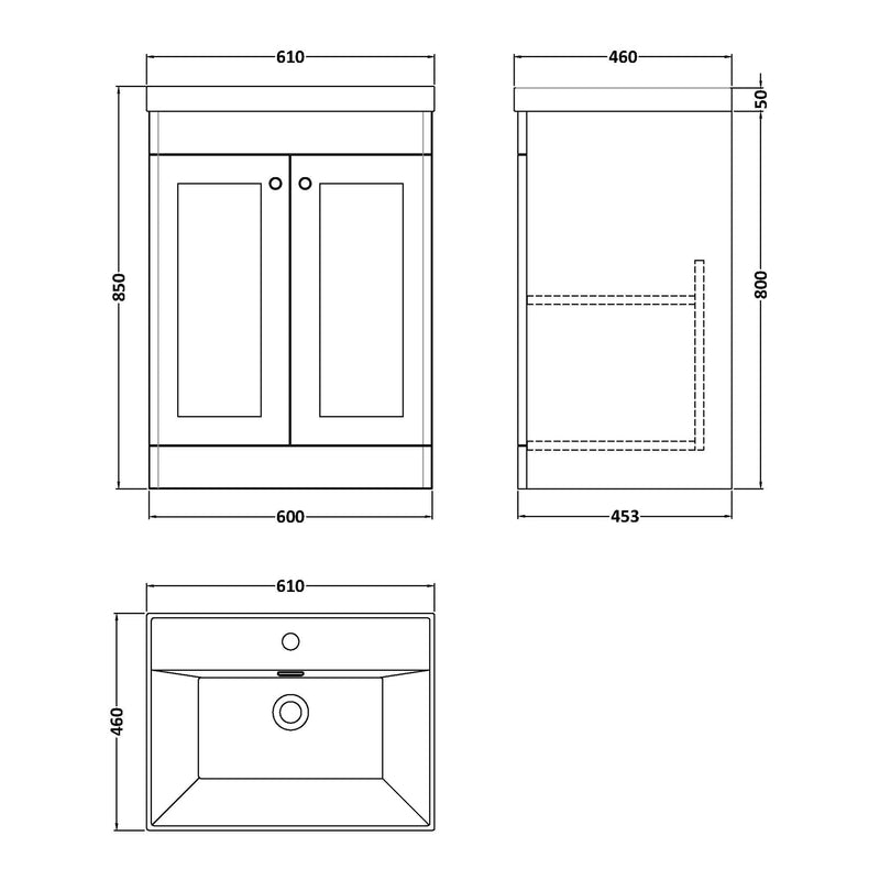 Classique 600mm Floor Standing Vanity Unit With 2 Doors With Thin Edge Ceramic Basin - Soft Black