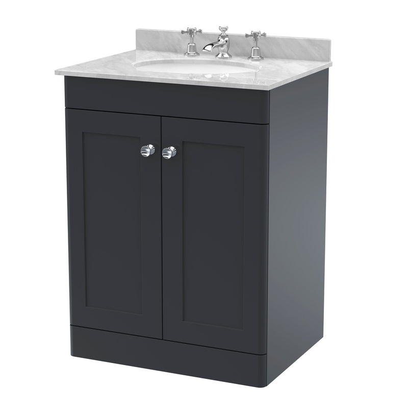 Classique 600mm Floor Standing Vanity Unit With 2 Doors With Grey Marble Worktop With Round Basin - Soft Black
