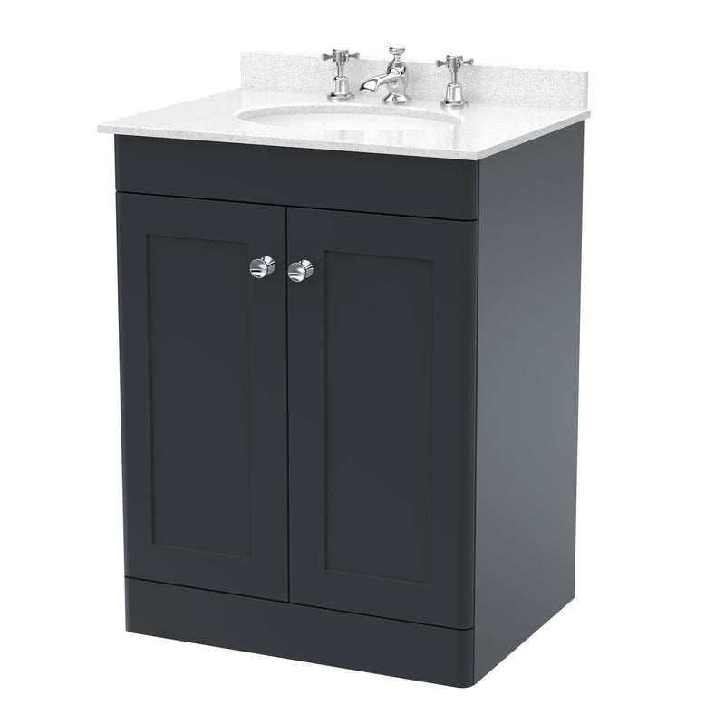Classique 600mm Floor Standing Vanity Unit With 2 Doors With White Marble Worktop With Round Basin - Soft Black