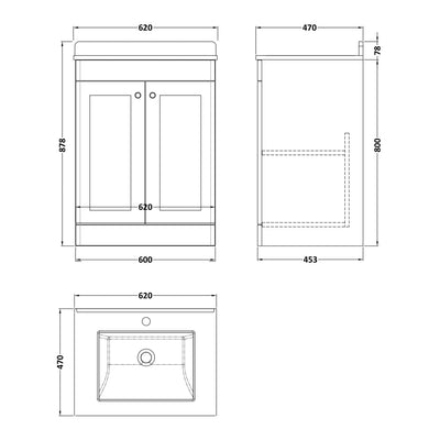 Classique 600mm Floor Standing Vanity Unit With 2 Doors With White Marble Worktop With Square Basin - Soft Black