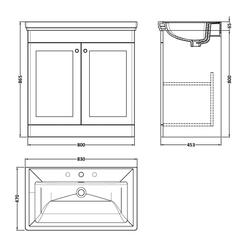 Classique 800mm Floor Standing Vanity Unit With 2 Doors With Fireclay Basin - Soft Black