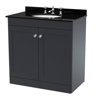 Classique 800mm Floor Standing Vanity Unit With 2 Doors With Black Marble Worktop With Round Basin - Soft Black
