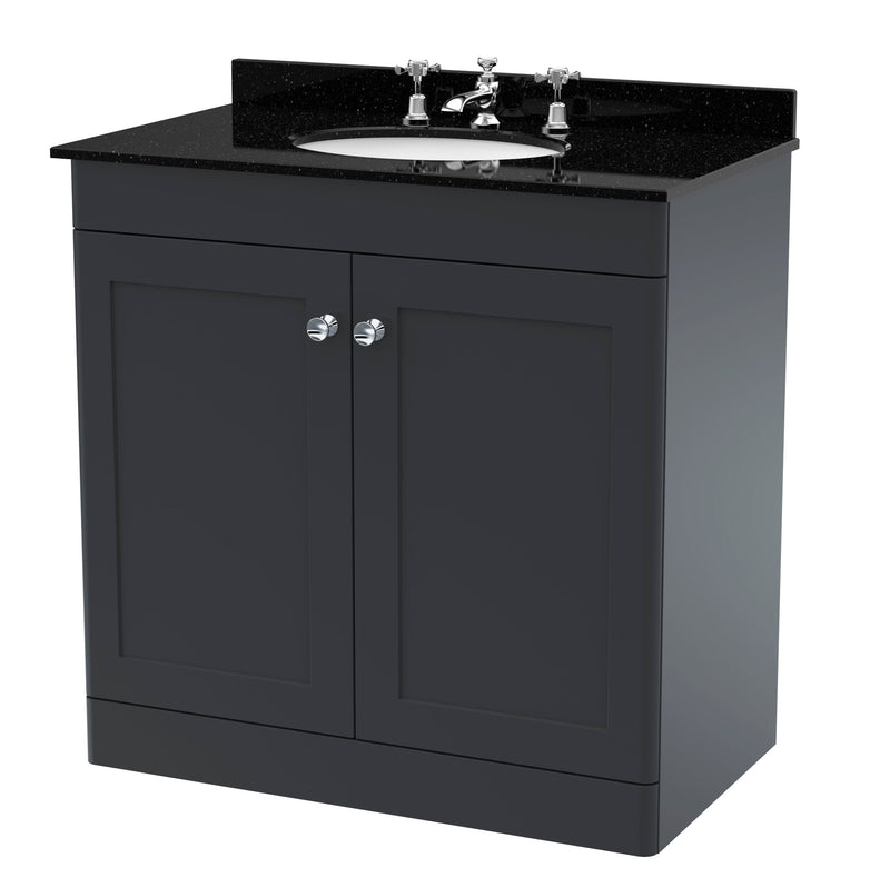 Classique 800mm Floor Standing Vanity Unit With 2 Doors With Black Marble Worktop With Round Basin - Soft Black