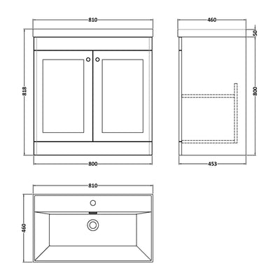Classique 800mm Floor Standing Vanity Unit With 2 Doors With Thin Edge Ceramic Basin - Soft Black