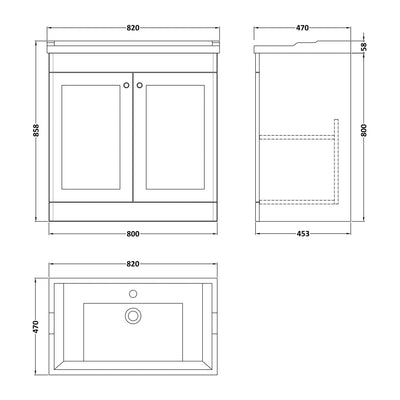 Classique 800mm Floor Standing Vanity Unit With 2 Doors With Traditional Basin - Soft Black