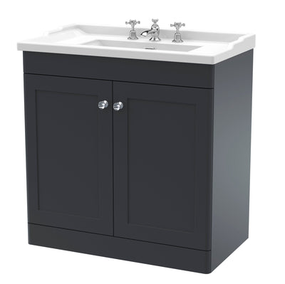 Classique 800mm Floor Standing Vanity Unit With 2 Doors With Traditional Basin - Soft Black