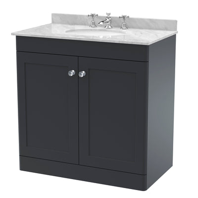 Classique 800mm Floor Standing Vanity Unit With 2 Doors With Grey Marble Worktop With Round Basin - Soft Black