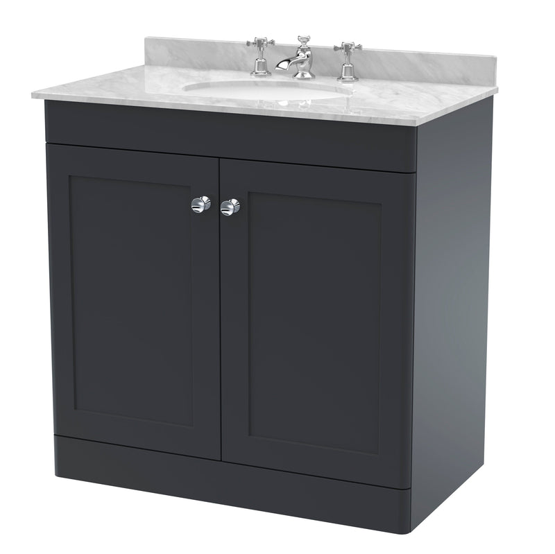 Classique 800mm Floor Standing Vanity Unit With 2 Doors With Grey Marble Worktop With Round Basin - Soft Black