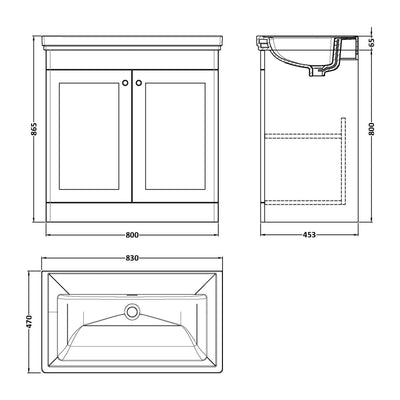 Classique 800mm Floor Standing Vanity Unit With 2 Doors With Fireclay Basin - Soft Black