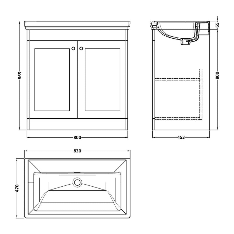 Classique 800mm Floor Standing Vanity Unit With 2 Doors With Fireclay Basin - Soft Black