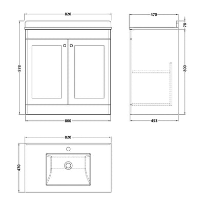 Classique 800mm Floor Standing Vanity Unit With 2 Doors With White Marble Worktop With Square Basin - Soft Black