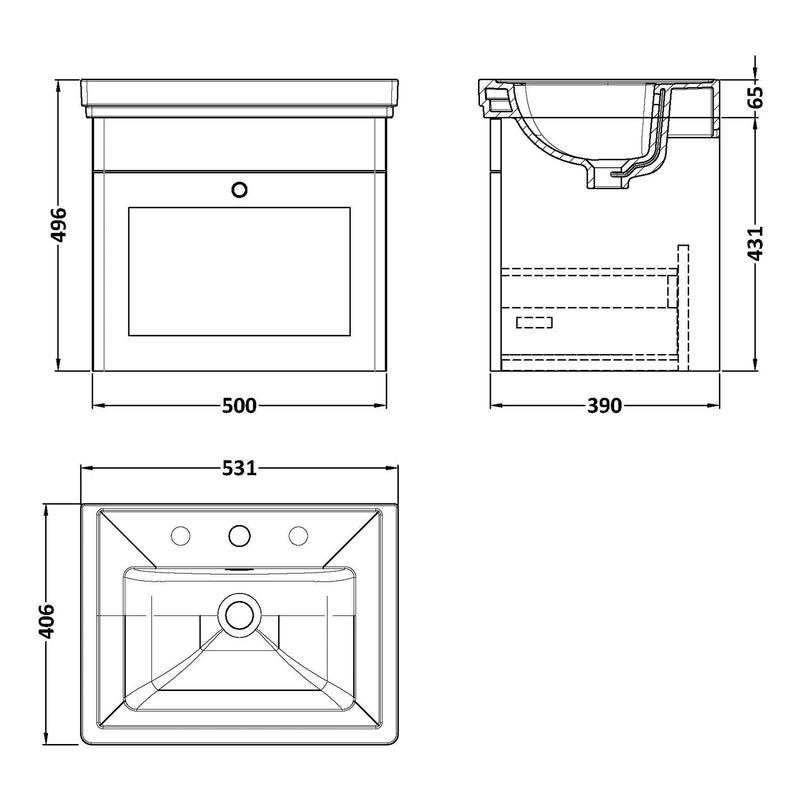 Classique 500mm Wall Hung Vanity Unit With 1 Drawer With Fireclay Basin - Soft Black