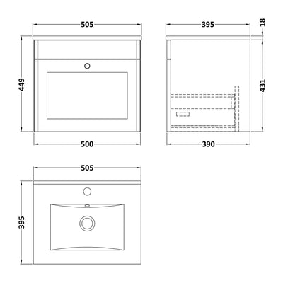 Classique 500mm Wall Hung Vanity Unit With 1 Drawer With Minimalist Ceramic Basin - Soft Black
