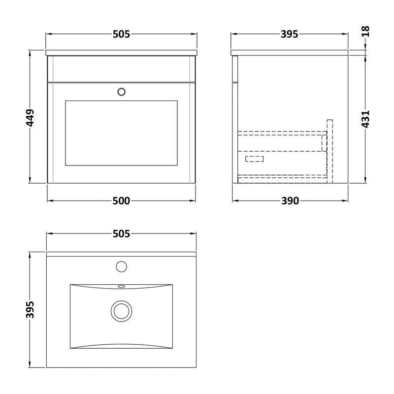 Classique 500mm Wall Hung Vanity Unit With 1 Drawer With Minimalist Ceramic Basin - Soft Black