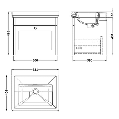 Classique 500mm Wall Hung Vanity Unit With 1 Drawer With Fireclay Basin - Soft Black