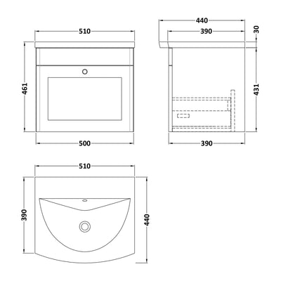 Classique 500mm Wall Hung Vanity Unit With 1 Drawer With Curved Ceramic Basin - Soft Black