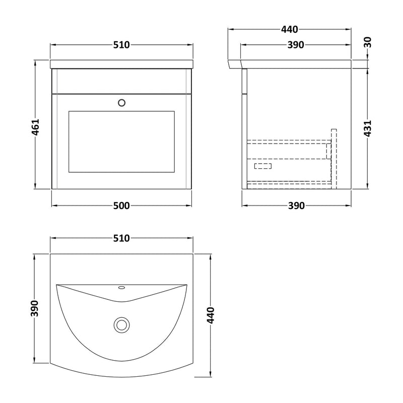 Classique 500mm Wall Hung Vanity Unit With 1 Drawer With Curved Ceramic Basin - Soft Black