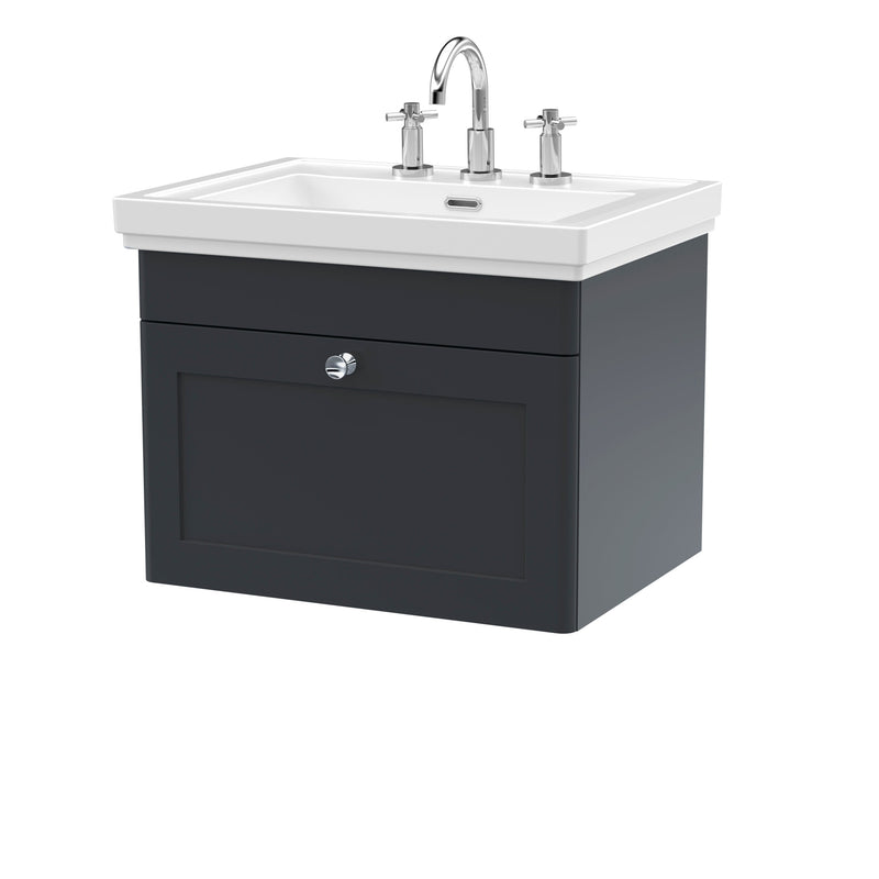 Classique 600mm Wall Hung Vanity Unit With 1 Drawer With Fireclay Basin - Soft Black