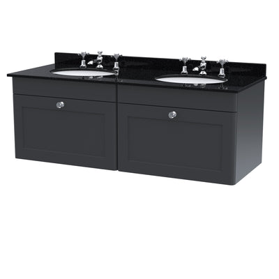 Classique 1200mm Wall Hung Vanity Unit With 2 Drawers With Black Marble Worktop With 2 Round Basins - Soft Black
