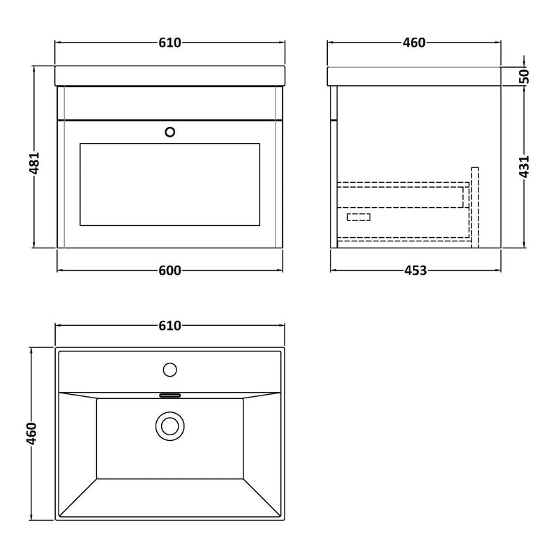 Classique 600mm Wall Hung Vanity Unit With 1 Drawer With Thin Edge Ceramic Basin - Soft Black