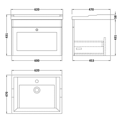Classique 600mm Wall Hung Vanity Unit With 1 Drawer With Traditional Basin - Soft Black