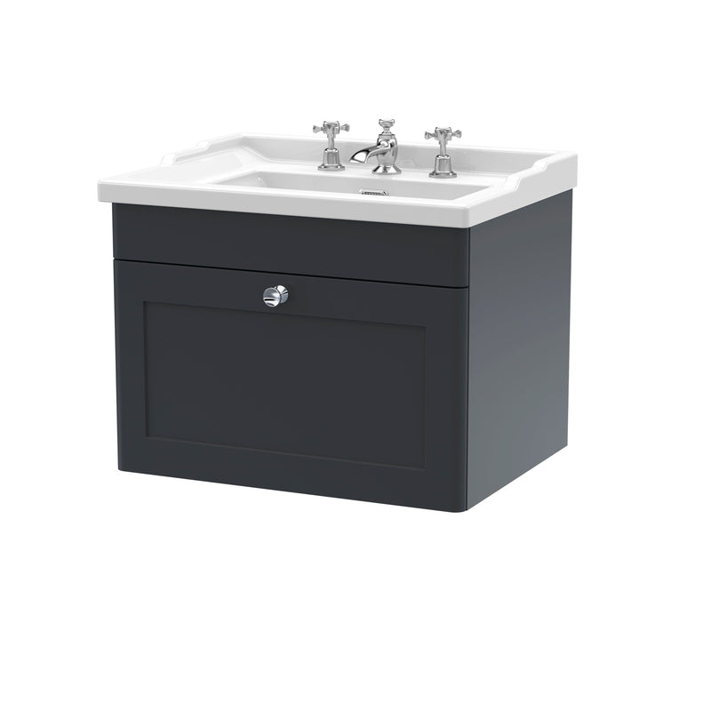 Classique 600mm Wall Hung Vanity Unit With 1 Drawer With Traditional Basin - Soft Black