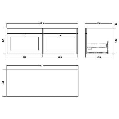 Classique 1200mm Wall Hung Vanity Unit With 2 Drawers With Grey Marble Worktop - Soft Black