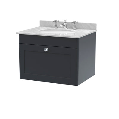 Classique 600mm Wall Hung Vanity Unit With 1 Drawer With Grey Marble Worktop With Round Basin - Soft Black