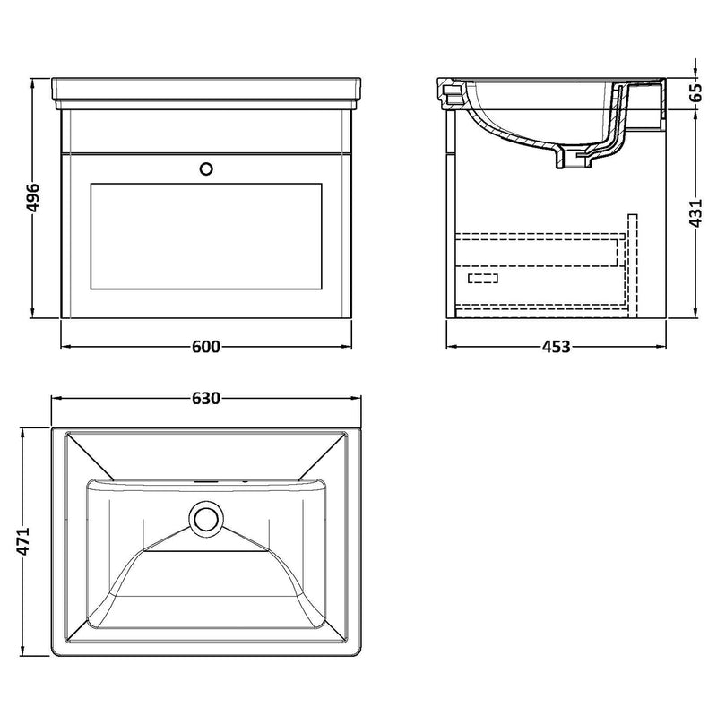 Classique 600mm Wall Hung Vanity Unit With 1 Drawer With Fireclay Basin - Soft Black