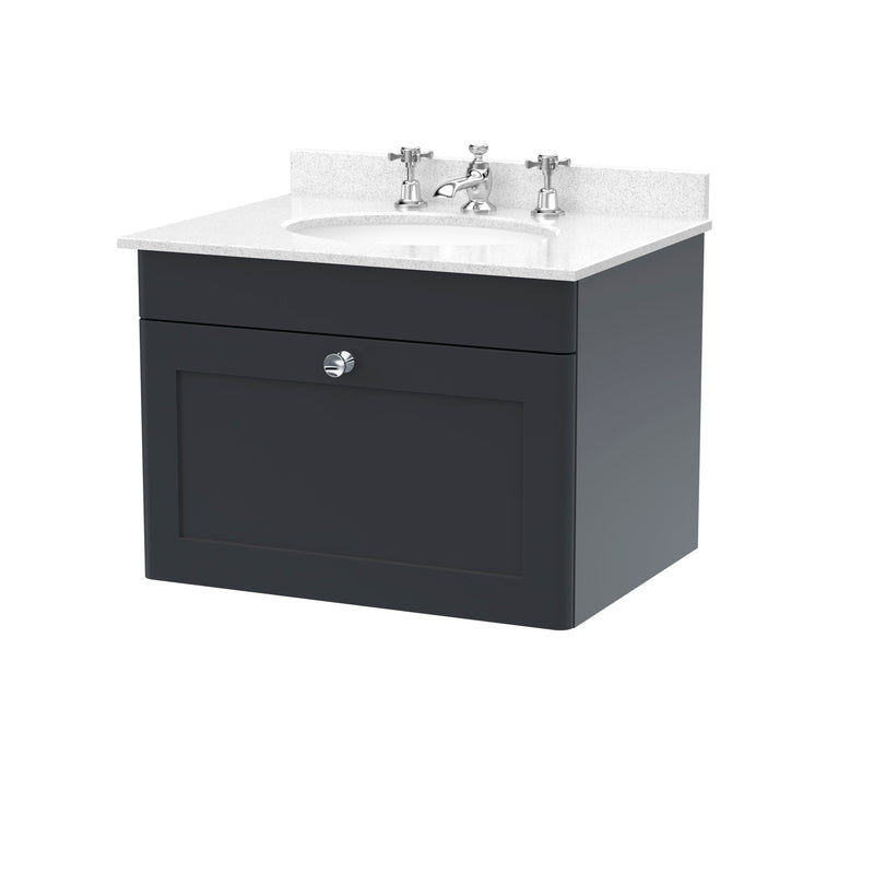 Classique 600mm Wall Hung Vanity Unit With 1 Drawer With White Marble Worktop With Round Basin - Soft Black