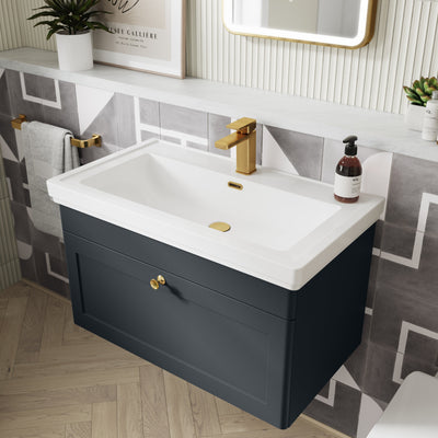 Classique 800mm Floor Standing Vanity Unit With 2 Doors With Grey Marble Worktop With Round Basin - Soft Black