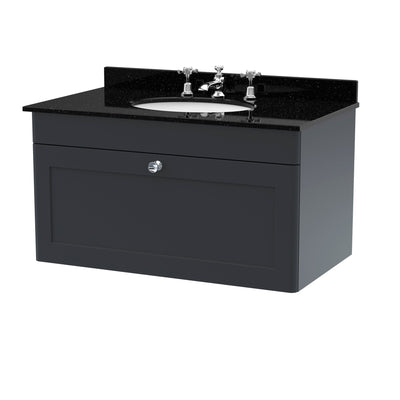 Classique 800mm Wall Hung Vanity Unit With 1 Drawer With Black Marble Worktop With Round Basin - Soft Black