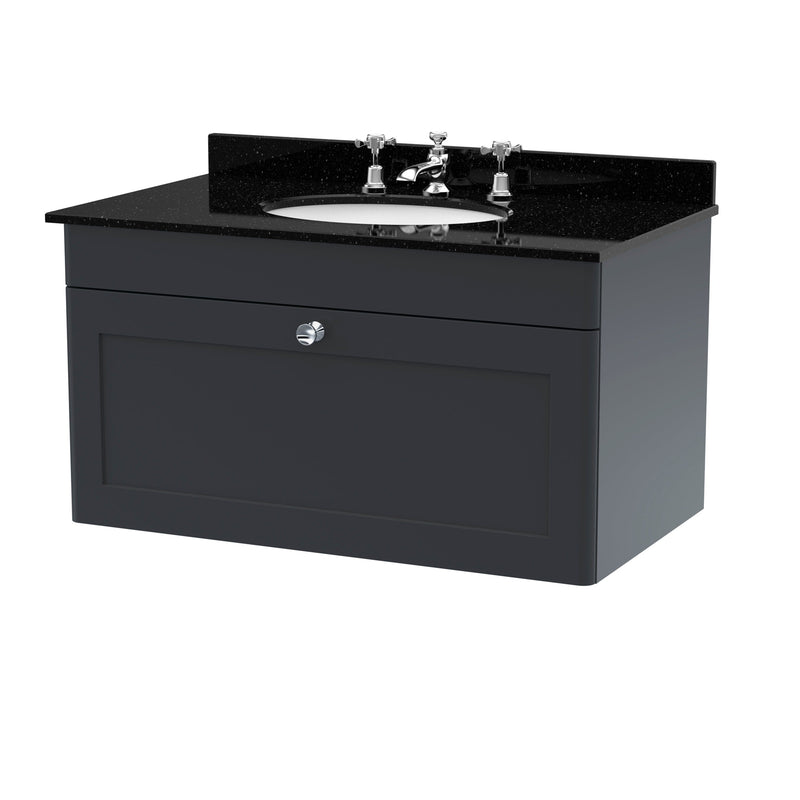 Classique 800mm Wall Hung Vanity Unit With 1 Drawer With Black Marble Worktop With Round Basin - Soft Black