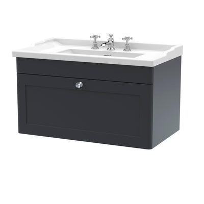 Classique 800mm Wall Hung Vanity Unit With 1 Drawer With Traditional Basin - Soft Black