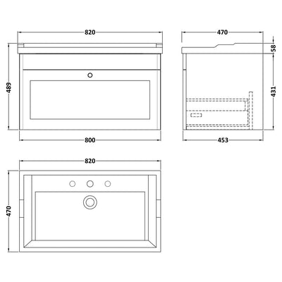 Classique 800mm Wall Hung Vanity Unit With 1 Drawer With Traditional Basin - Soft Black